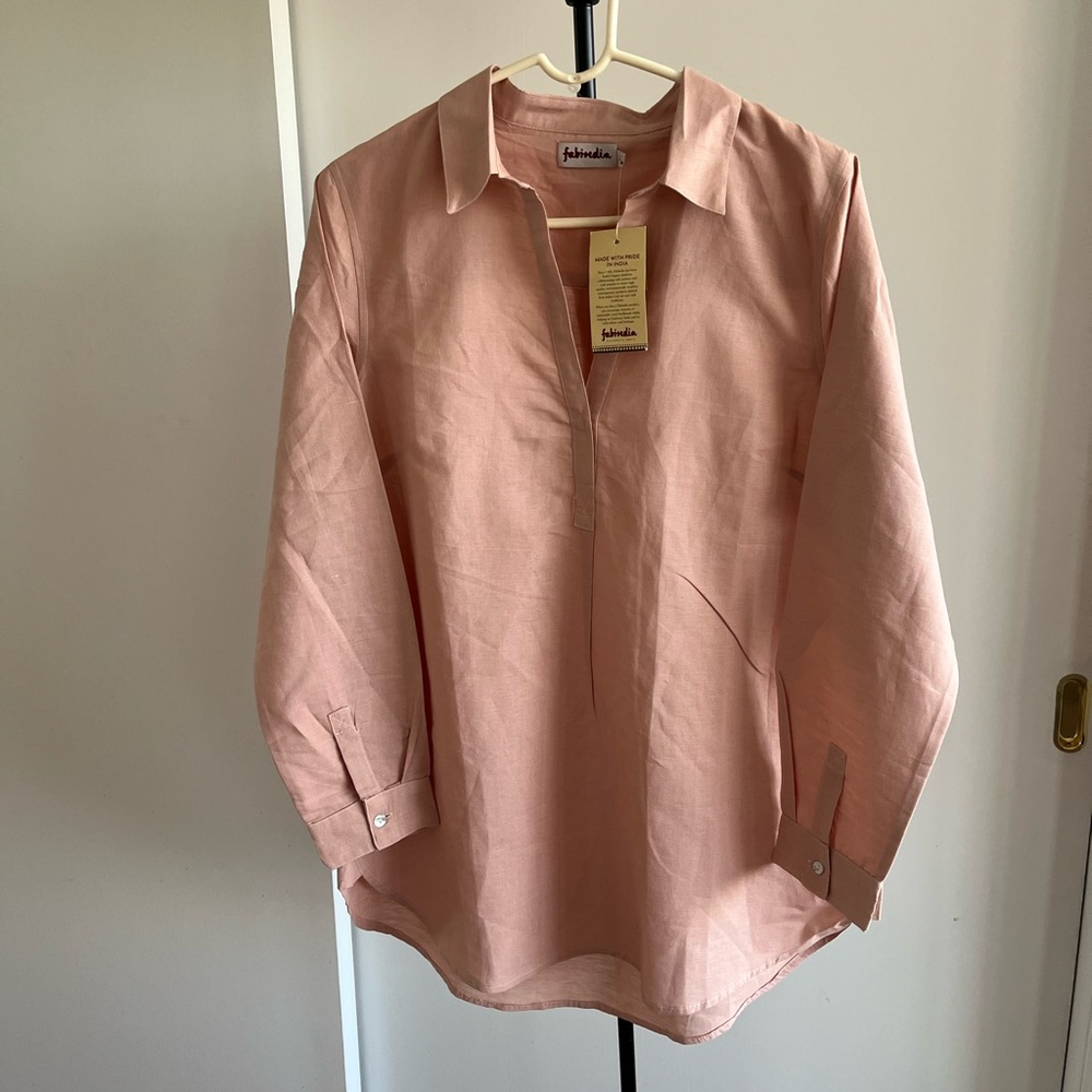 NWT FabIndia Women's Linen blend Blouse Top Shirt Tunic Skipper 🍣 salmon pink L
